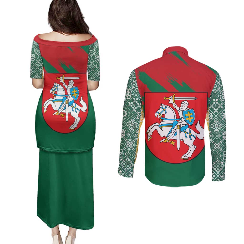 Lithuania Emblem Couples Matching Puletasi and Long Sleeve Button Shirt National Symbol with Traditional Patterns
