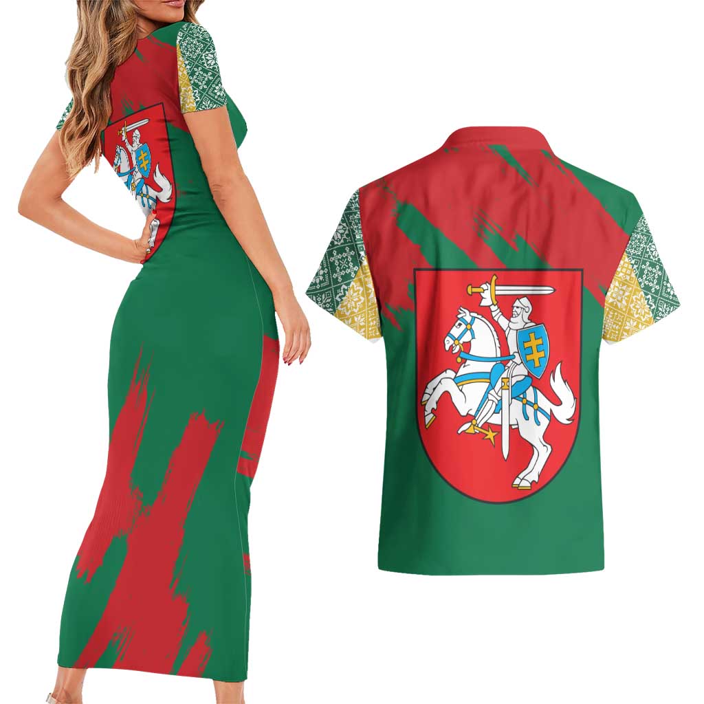 Lithuania Emblem Couples Matching Short Sleeve Bodycon Dress and Hawaiian Shirt National Symbol with Traditional Patterns