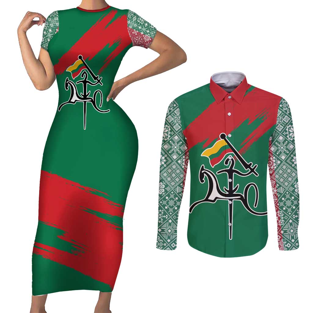 Lithuania Emblem Couples Matching Short Sleeve Bodycon Dress and Long Sleeve Button Shirt National Symbol with Traditional Patterns
