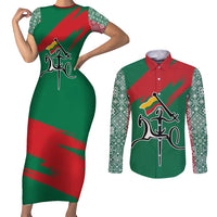Lithuania Emblem Couples Matching Short Sleeve Bodycon Dress and Long Sleeve Button Shirt National Symbol with Traditional Patterns