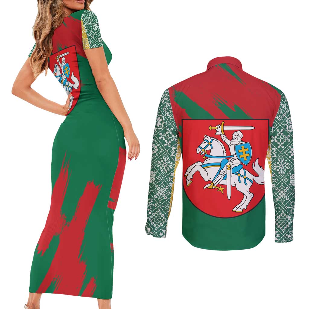 Lithuania Emblem Couples Matching Short Sleeve Bodycon Dress and Long Sleeve Button Shirt National Symbol with Traditional Patterns