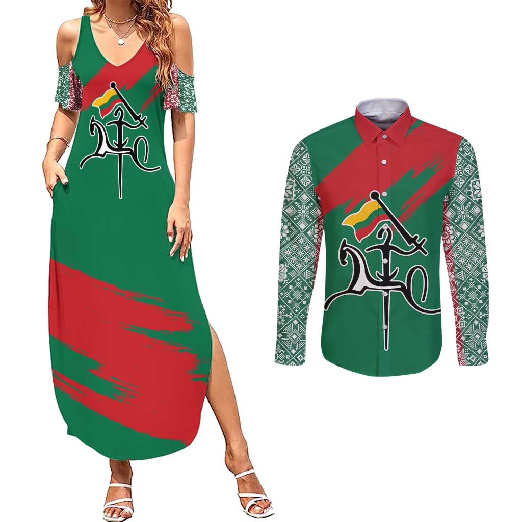 Lithuania Emblem Couples Matching Summer Maxi Dress and Long Sleeve Button Shirt National Symbol with Traditional Patterns