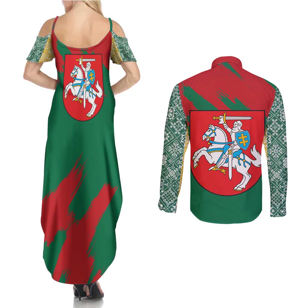 Lithuania Emblem Couples Matching Summer Maxi Dress and Long Sleeve Button Shirt National Symbol with Traditional Patterns