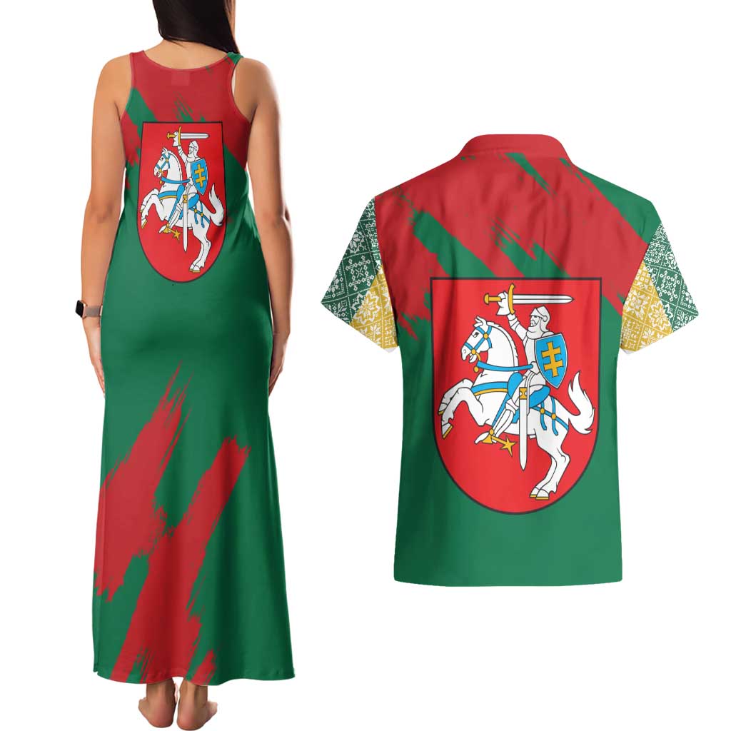 Lithuania Emblem Couples Matching Tank Maxi Dress and Hawaiian Shirt National Symbol with Traditional Patterns