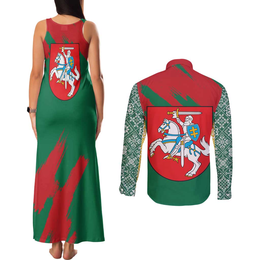 Lithuania Emblem Couples Matching Tank Maxi Dress and Long Sleeve Button Shirt National Symbol with Traditional Patterns