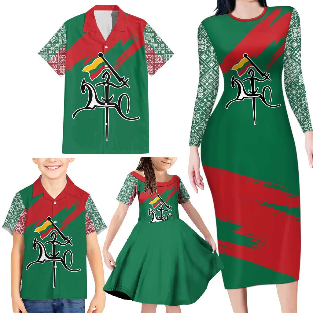Lithuania Emblem Family Matching Long Sleeve Bodycon Dress and Hawaiian Shirt National Symbol with Traditional Patterns