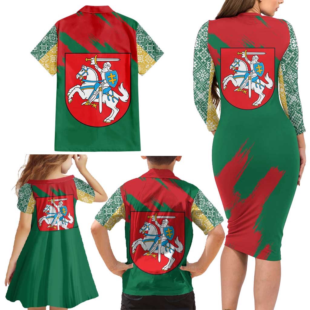 Lithuania Emblem Family Matching Long Sleeve Bodycon Dress and Hawaiian Shirt National Symbol with Traditional Patterns