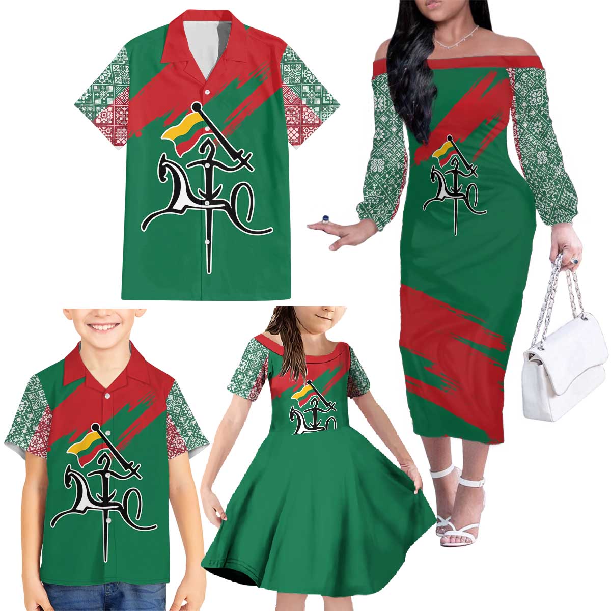 Lithuania Emblem Family Matching Off The Shoulder Long Sleeve Dress and Hawaiian Shirt National Symbol with Traditional Patterns