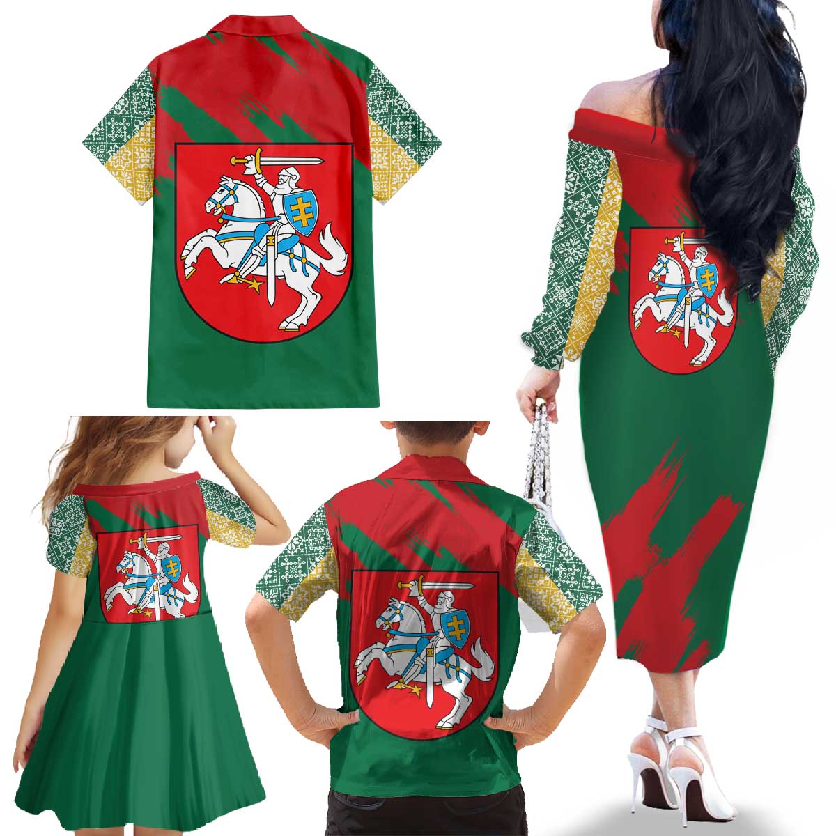 Lithuania Emblem Family Matching Off The Shoulder Long Sleeve Dress and Hawaiian Shirt National Symbol with Traditional Patterns