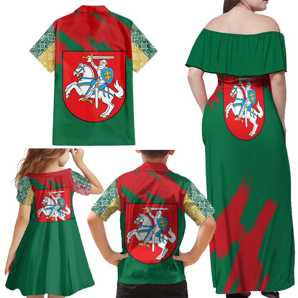 Lithuania Emblem Family Matching Off Shoulder Maxi Dress and Hawaiian Shirt National Symbol with Traditional Patterns