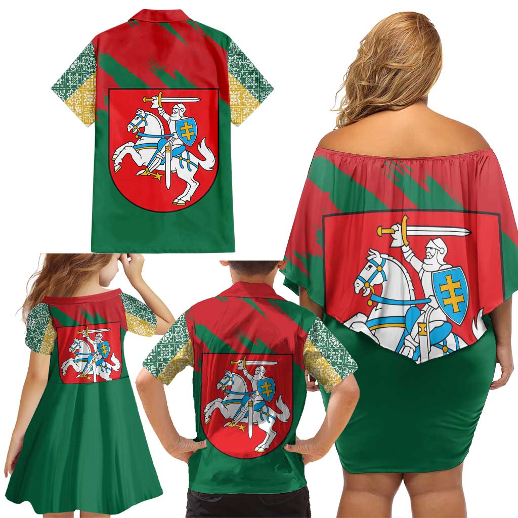 Lithuania Emblem Family Matching Off Shoulder Short Dress and Hawaiian Shirt National Symbol with Traditional Patterns