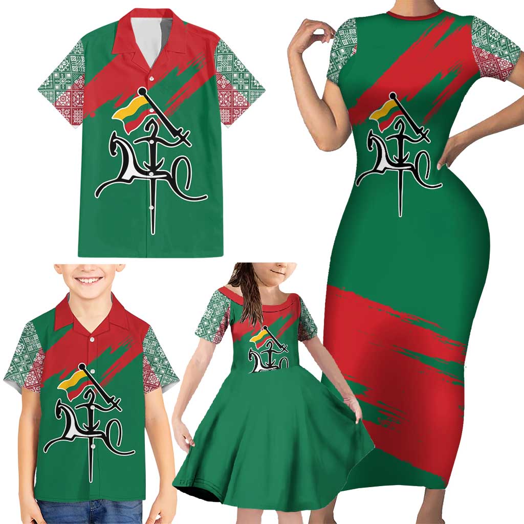 Lithuania Emblem Family Matching Short Sleeve Bodycon Dress and Hawaiian Shirt National Symbol with Traditional Patterns