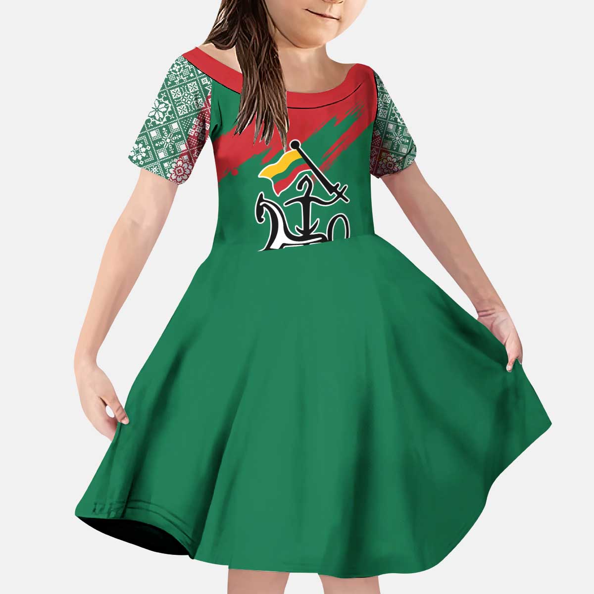 Lithuania Emblem Kid Short Sleeve Dress National Symbol with Traditional Patterns