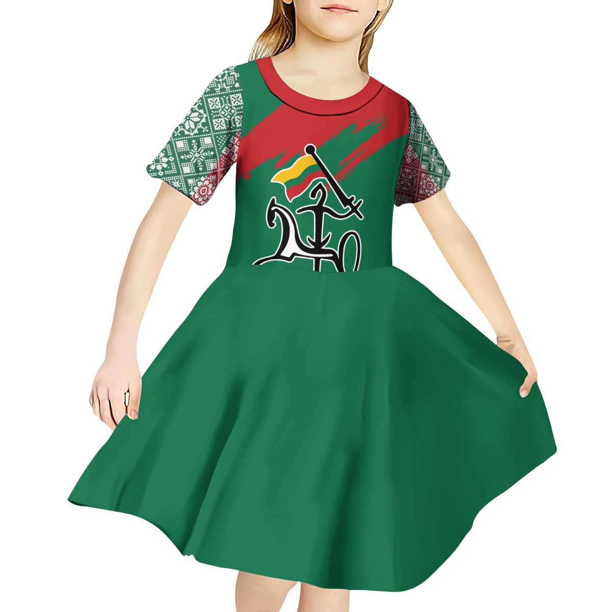 Lithuania Emblem Kid Short Sleeve Dress National Symbol with Traditional Patterns