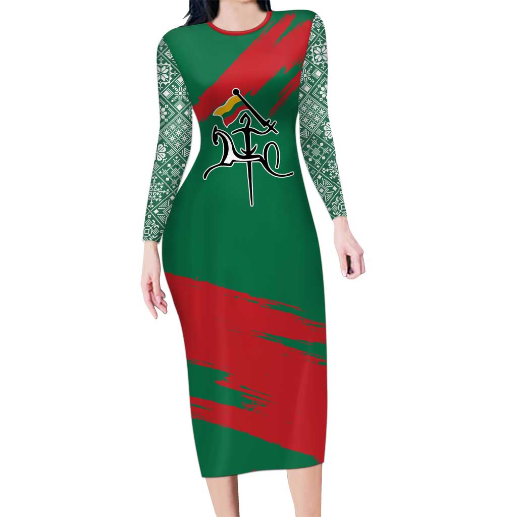 Lithuania Emblem Long Sleeve Bodycon Dress National Symbol with Traditional Patterns