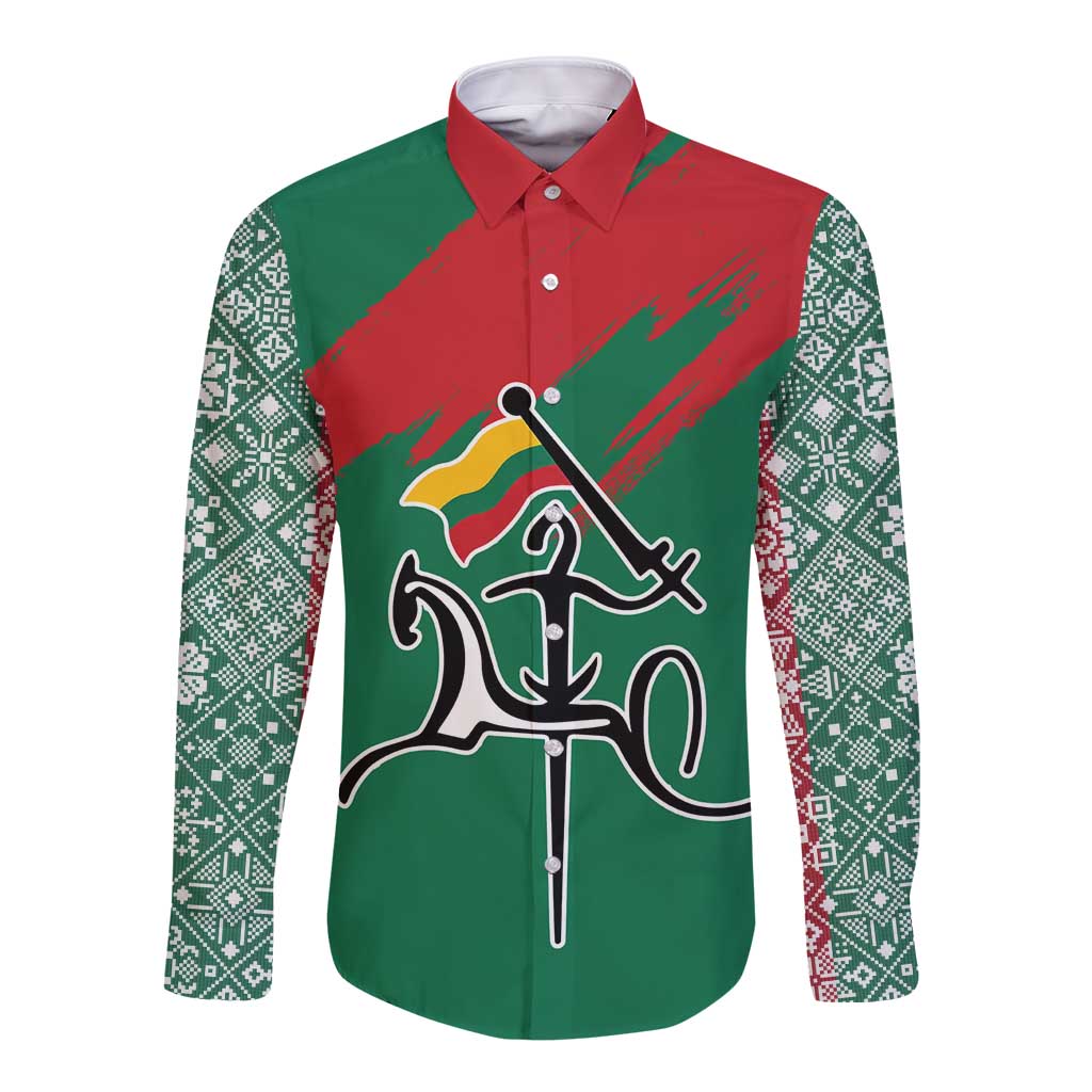 Lithuania Emblem Long Sleeve Button Shirt National Symbol with Traditional Patterns