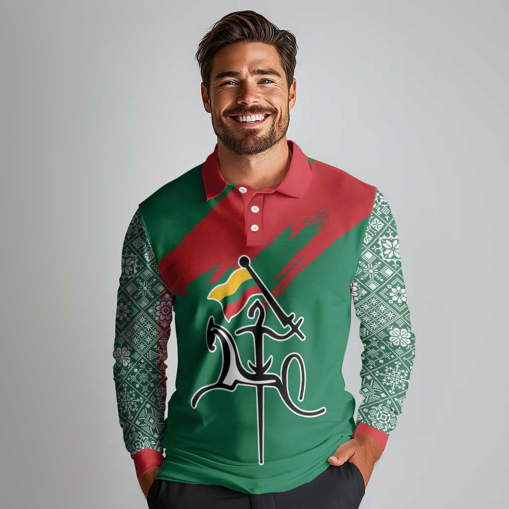 Lithuania Emblem Long Sleeve Polo Shirt National Symbol with Traditional Patterns