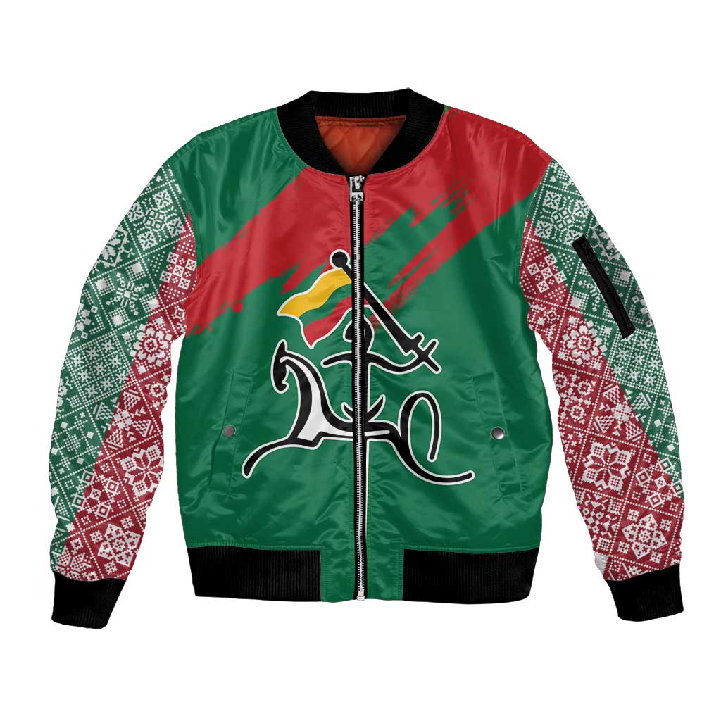 Lithuania Emblem Sleeve Zip Bomber Jacket National Symbol with Traditional Patterns