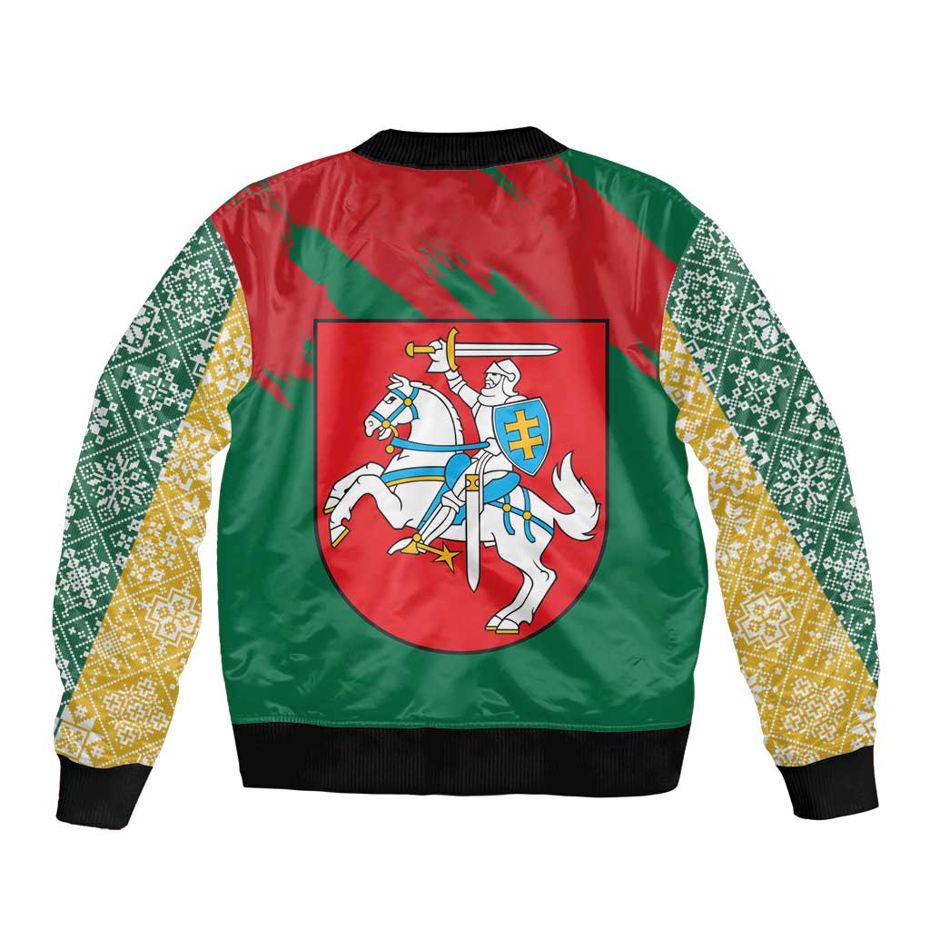Lithuania Emblem Sleeve Zip Bomber Jacket National Symbol with Traditional Patterns