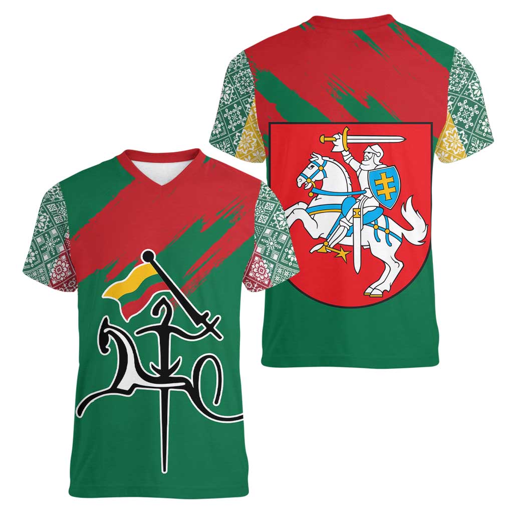 Lithuania Emblem Women V-Neck T-Shirt National Symbol with Traditional Patterns