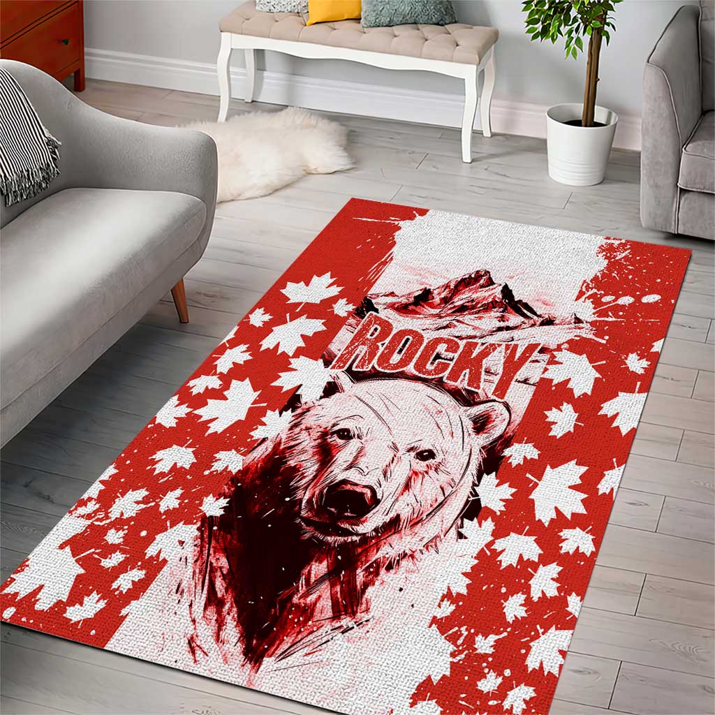 Canada Bear Area Rug with Maple Leaf and Rocky Mountain Design