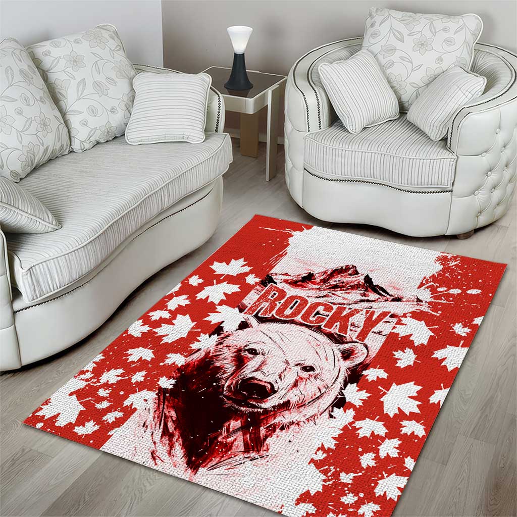 Canada Bear Area Rug with Maple Leaf and Rocky Mountain Design