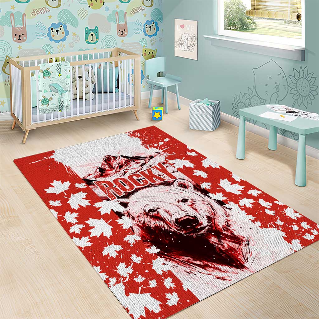Canada Bear Area Rug with Maple Leaf and Rocky Mountain Design
