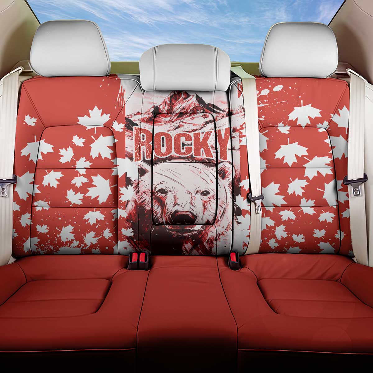 Canada Bear Back Car Seat Cover with Maple Leaf and Rocky Mountain Design