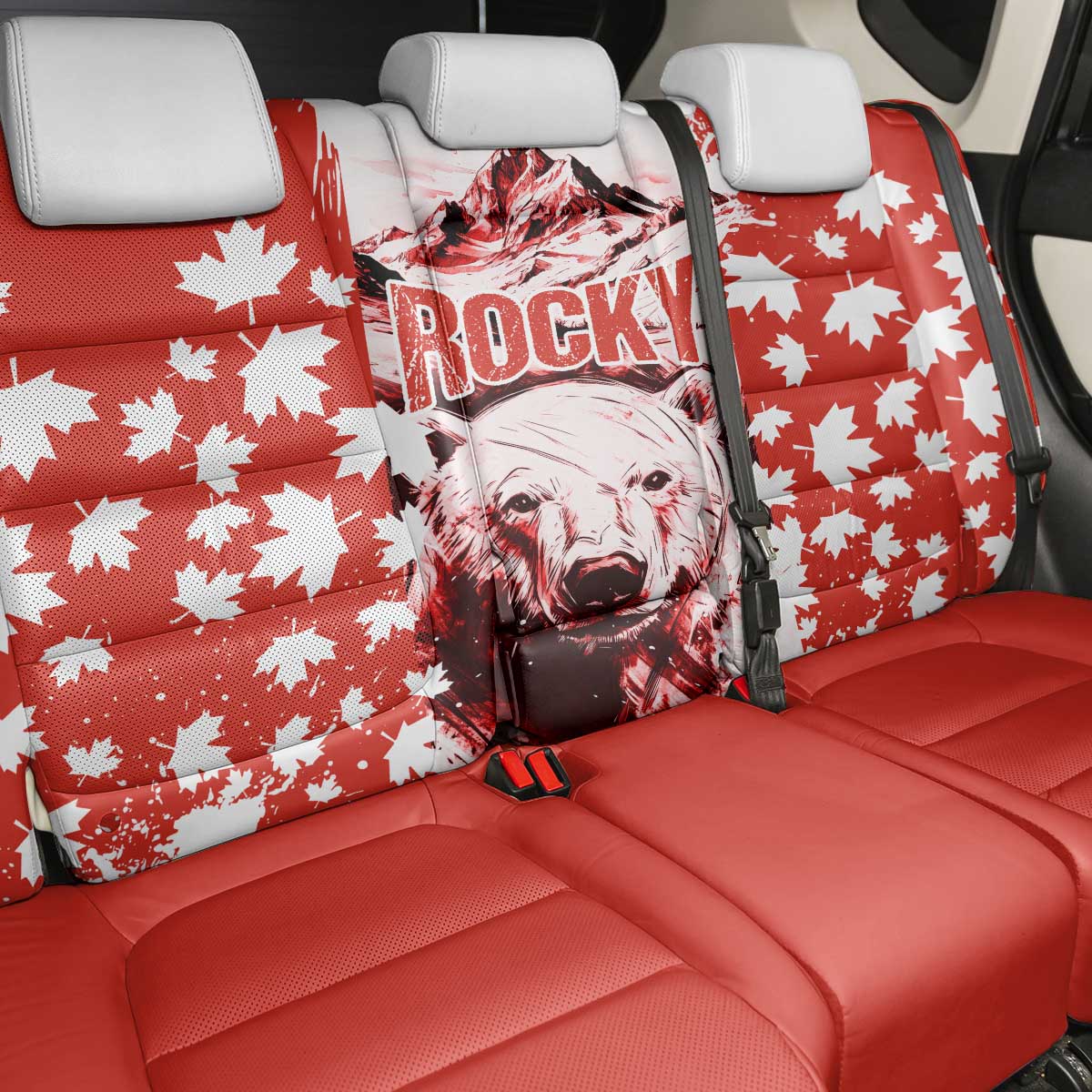 Canada Bear Back Car Seat Cover with Maple Leaf and Rocky Mountain Design