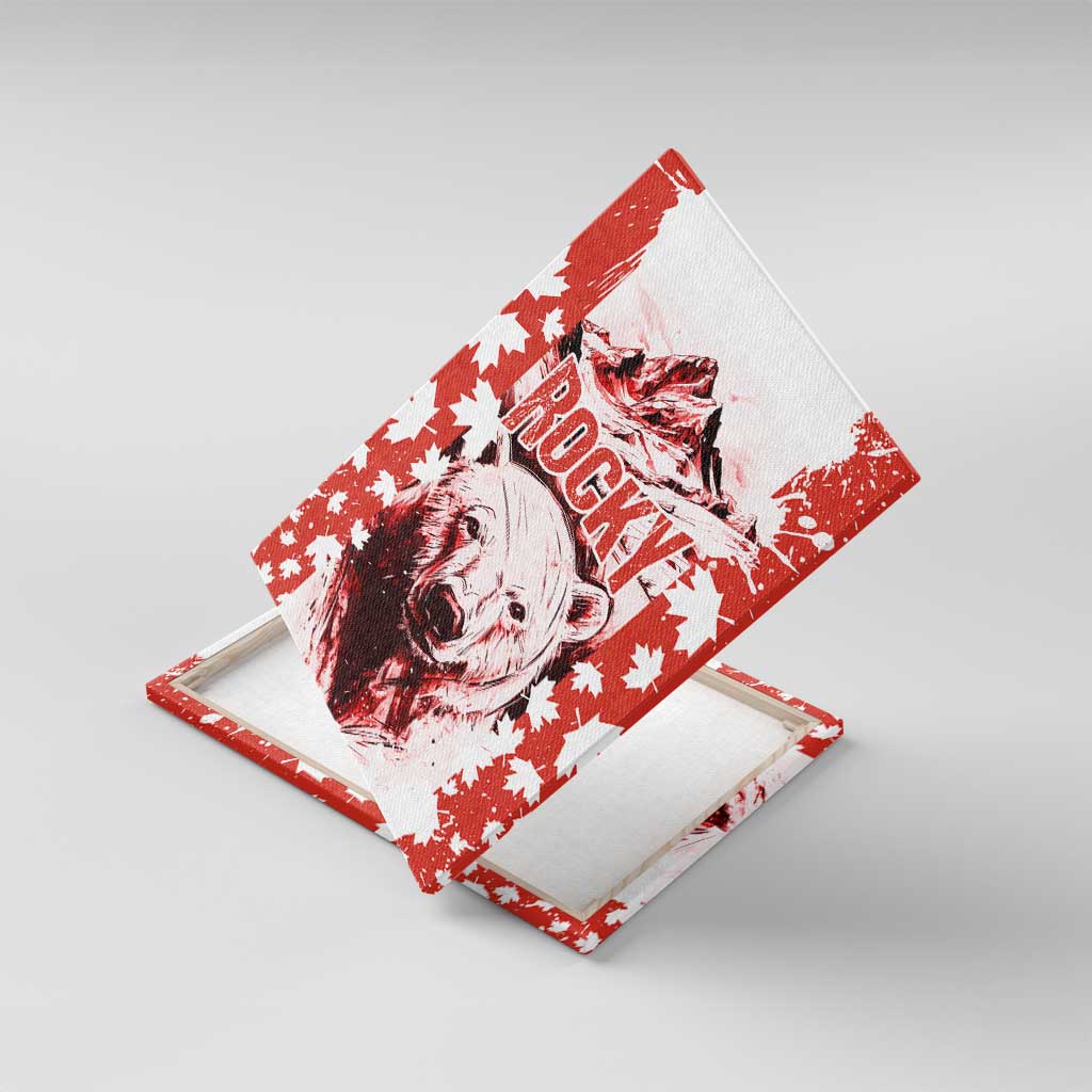 Canada Bear Canvas Wall Art with Maple Leaf and Rocky Mountain Design