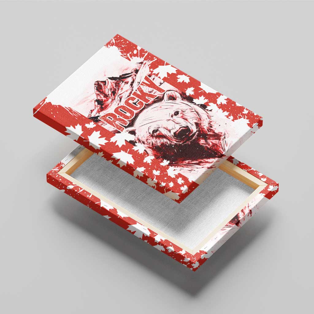 Canada Bear Canvas Wall Art with Maple Leaf and Rocky Mountain Design