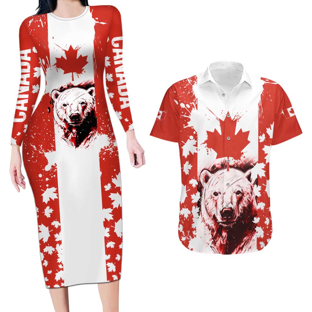 Canada Bear Couples Matching Long Sleeve Bodycon Dress and Hawaiian Shirt with Maple Leaf and Rocky Mountain Design