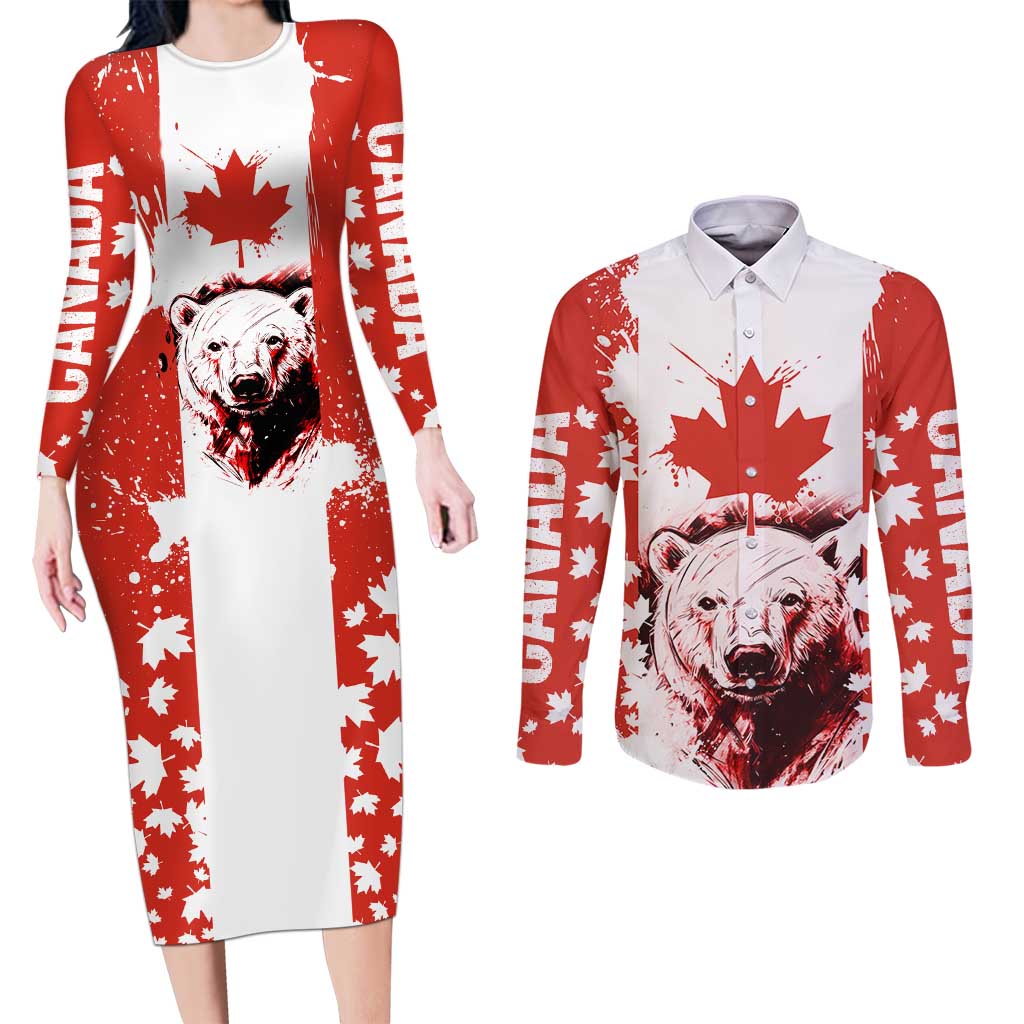 Canada Bear Couples Matching Long Sleeve Bodycon Dress and Long Sleeve Button Shirt with Maple Leaf and Rocky Mountain Design