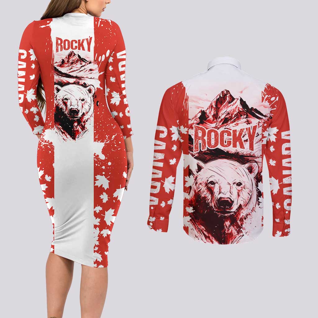 Canada Bear Couples Matching Long Sleeve Bodycon Dress and Long Sleeve Button Shirt with Maple Leaf and Rocky Mountain Design