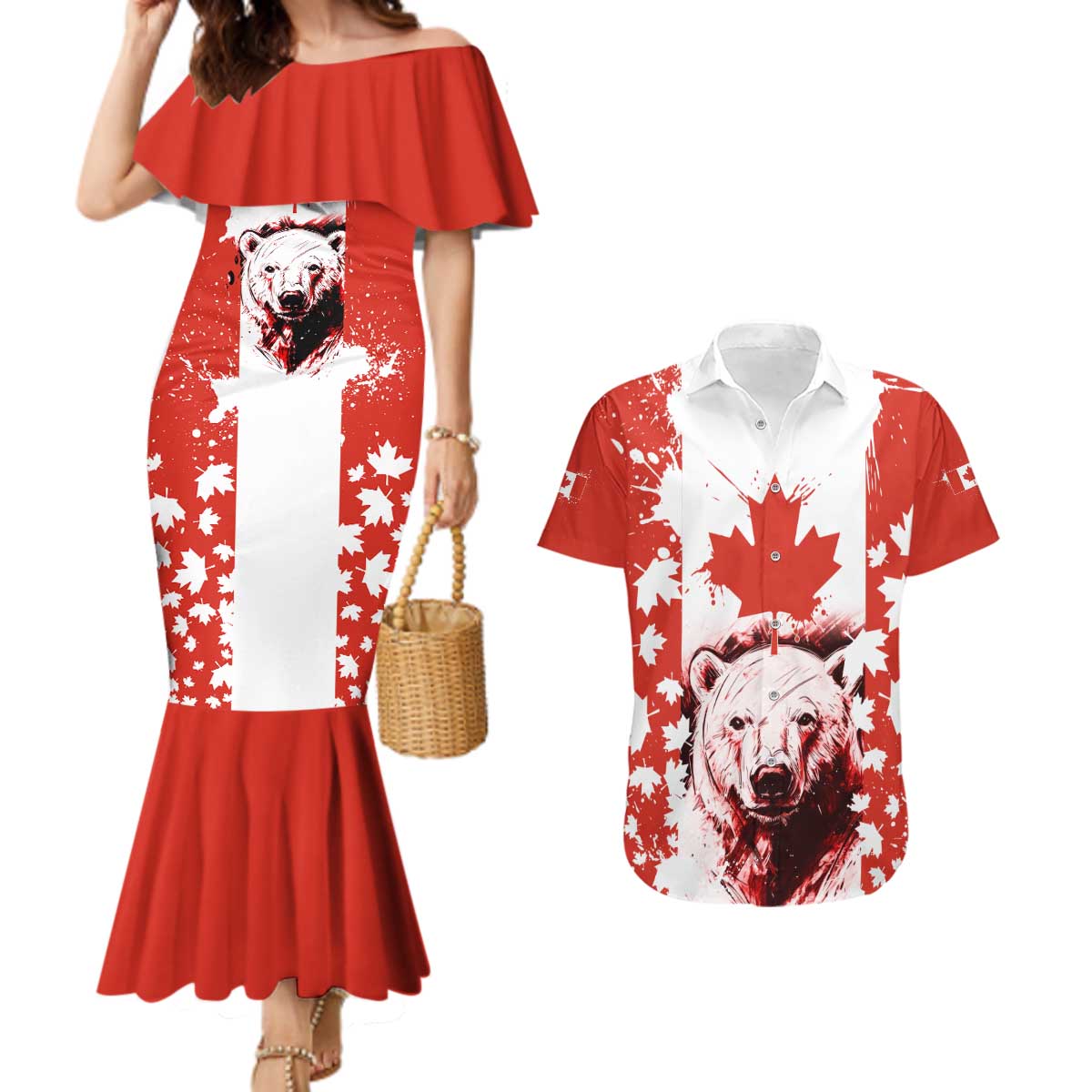 Canada Bear Couples Matching Mermaid Dress and Hawaiian Shirt with Maple Leaf and Rocky Mountain Design