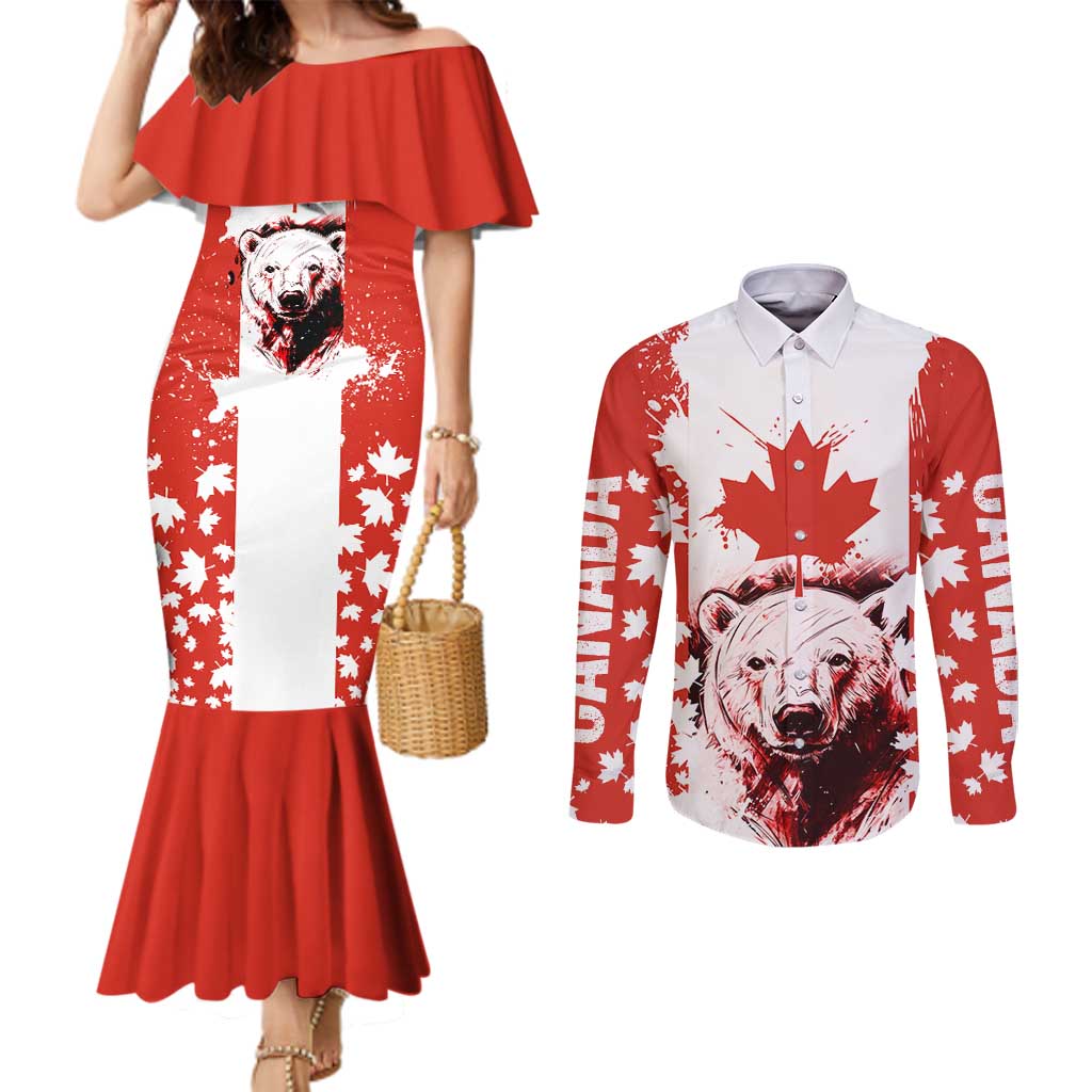 Canada Bear Couples Matching Mermaid Dress and Long Sleeve Button Shirt with Maple Leaf and Rocky Mountain Design