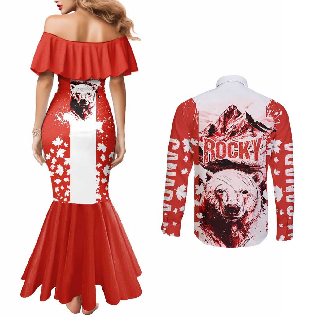 Canada Bear Couples Matching Mermaid Dress and Long Sleeve Button Shirt with Maple Leaf and Rocky Mountain Design