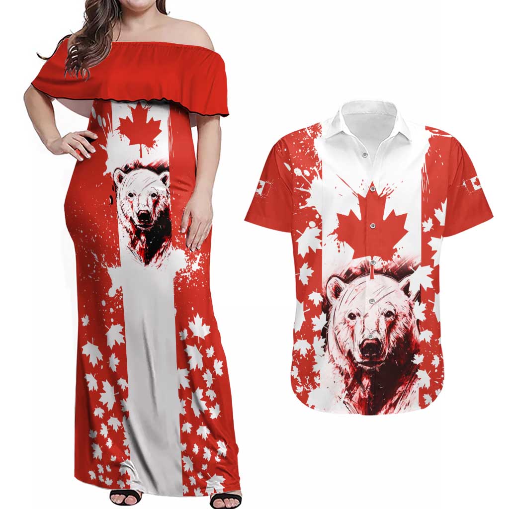 Canada Bear Couples Matching Off Shoulder Maxi Dress and Hawaiian Shirt with Maple Leaf and Rocky Mountain Design