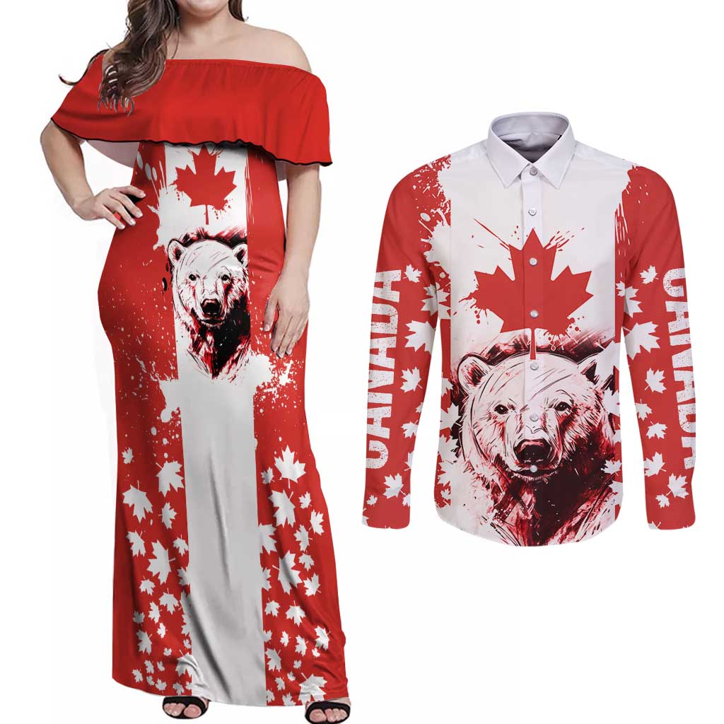 Canada Bear Couples Matching Off Shoulder Maxi Dress and Long Sleeve Button Shirt with Maple Leaf and Rocky Mountain Design