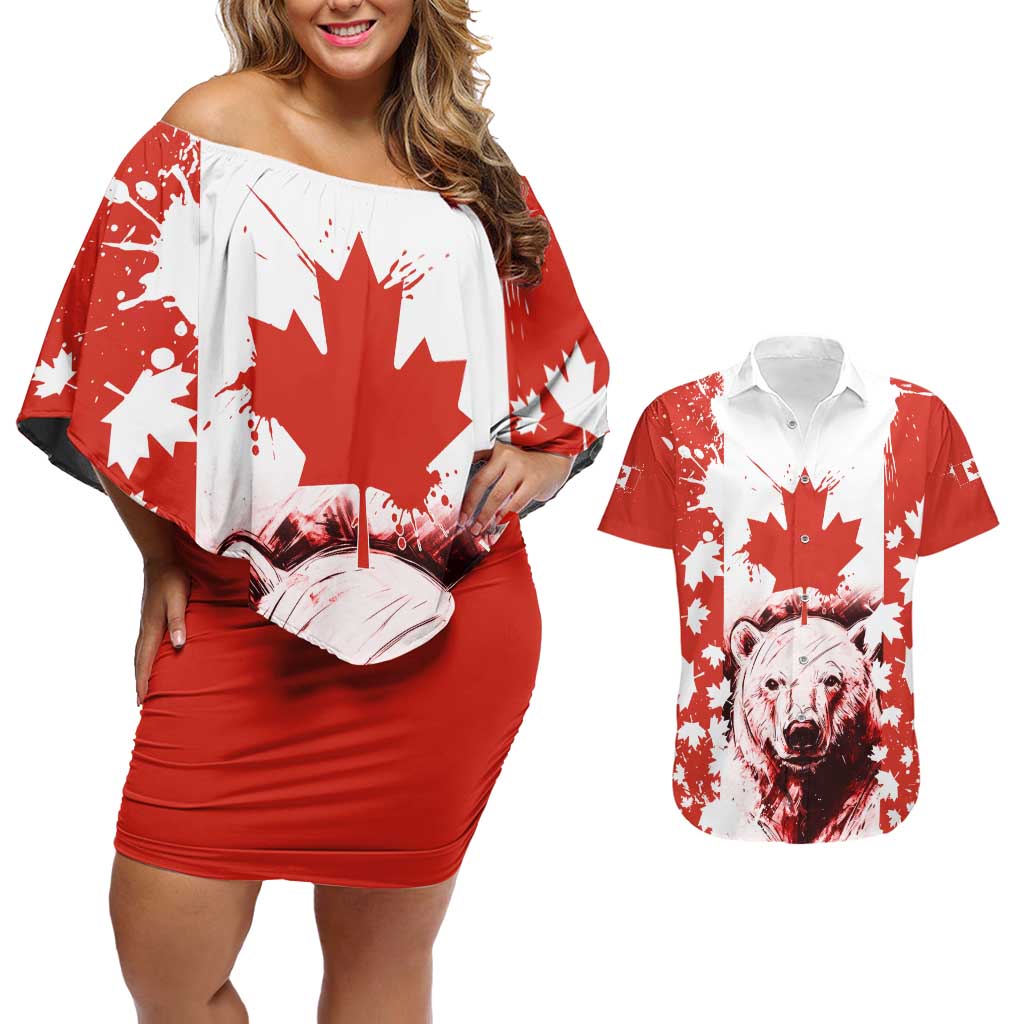 Canada Bear Couples Matching Off Shoulder Short Dress and Hawaiian Shirt with Maple Leaf and Rocky Mountain Design
