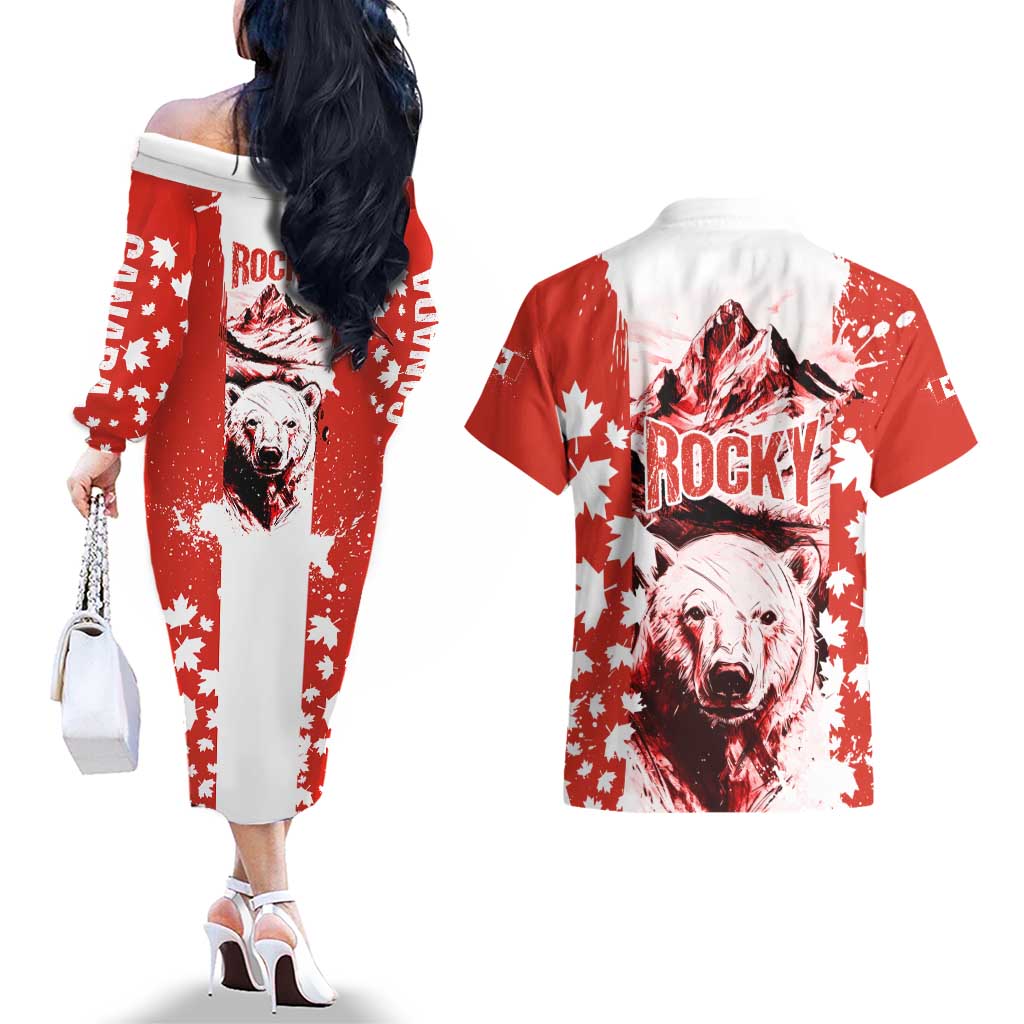 Canada Bear Couples Matching Off The Shoulder Long Sleeve Dress and Hawaiian Shirt with Maple Leaf and Rocky Mountain Design