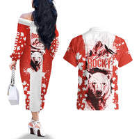 Canada Bear Couples Matching Off The Shoulder Long Sleeve Dress and Hawaiian Shirt with Maple Leaf and Rocky Mountain Design