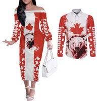 Canada Bear Couples Matching Off The Shoulder Long Sleeve Dress and Long Sleeve Button Shirt with Maple Leaf and Rocky Mountain Design