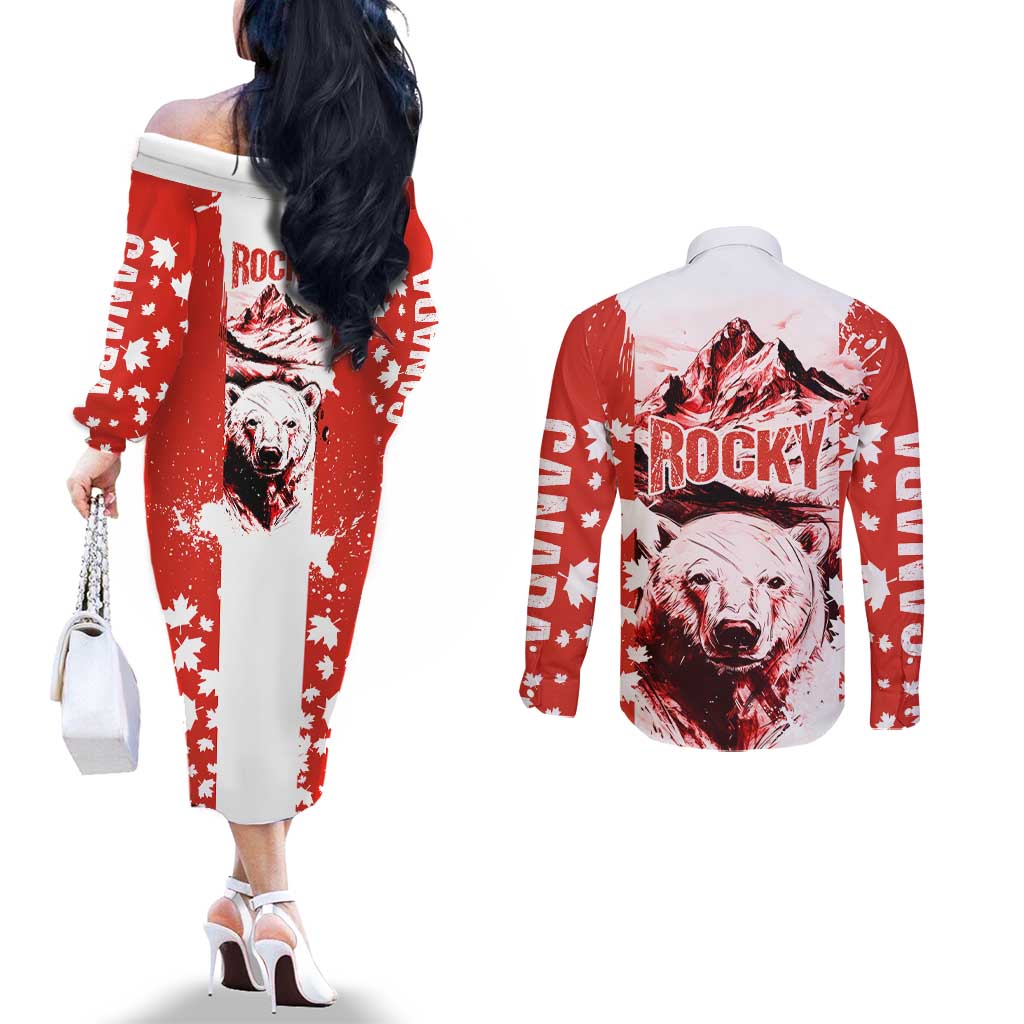 Canada Bear Couples Matching Off The Shoulder Long Sleeve Dress and Long Sleeve Button Shirt with Maple Leaf and Rocky Mountain Design