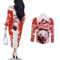Canada Bear Couples Matching Off The Shoulder Long Sleeve Dress and Long Sleeve Button Shirt with Maple Leaf and Rocky Mountain Design