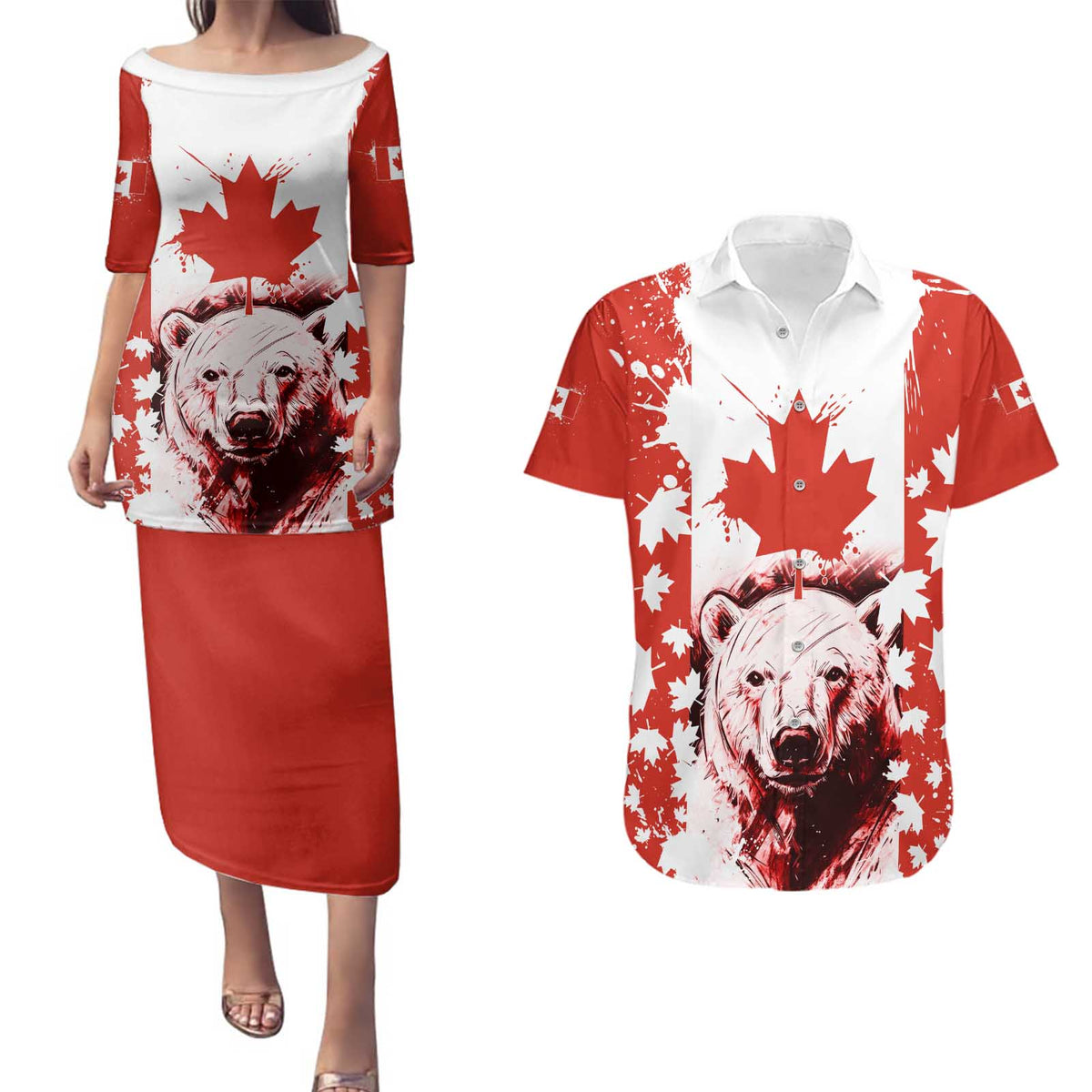 Canada Bear Couples Matching Puletasi and Hawaiian Shirt with Maple Leaf and Rocky Mountain Design