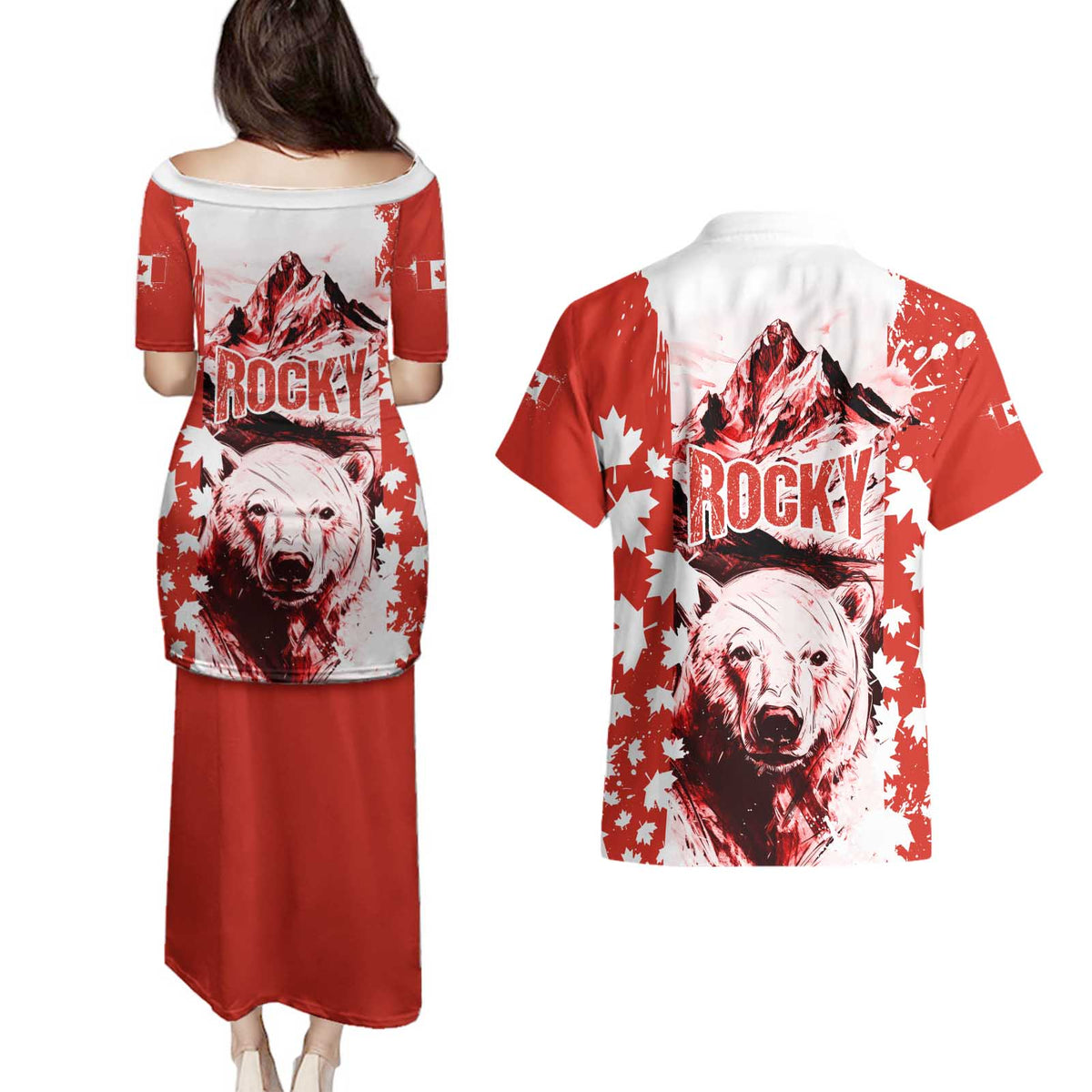 Canada Bear Couples Matching Puletasi and Hawaiian Shirt with Maple Leaf and Rocky Mountain Design