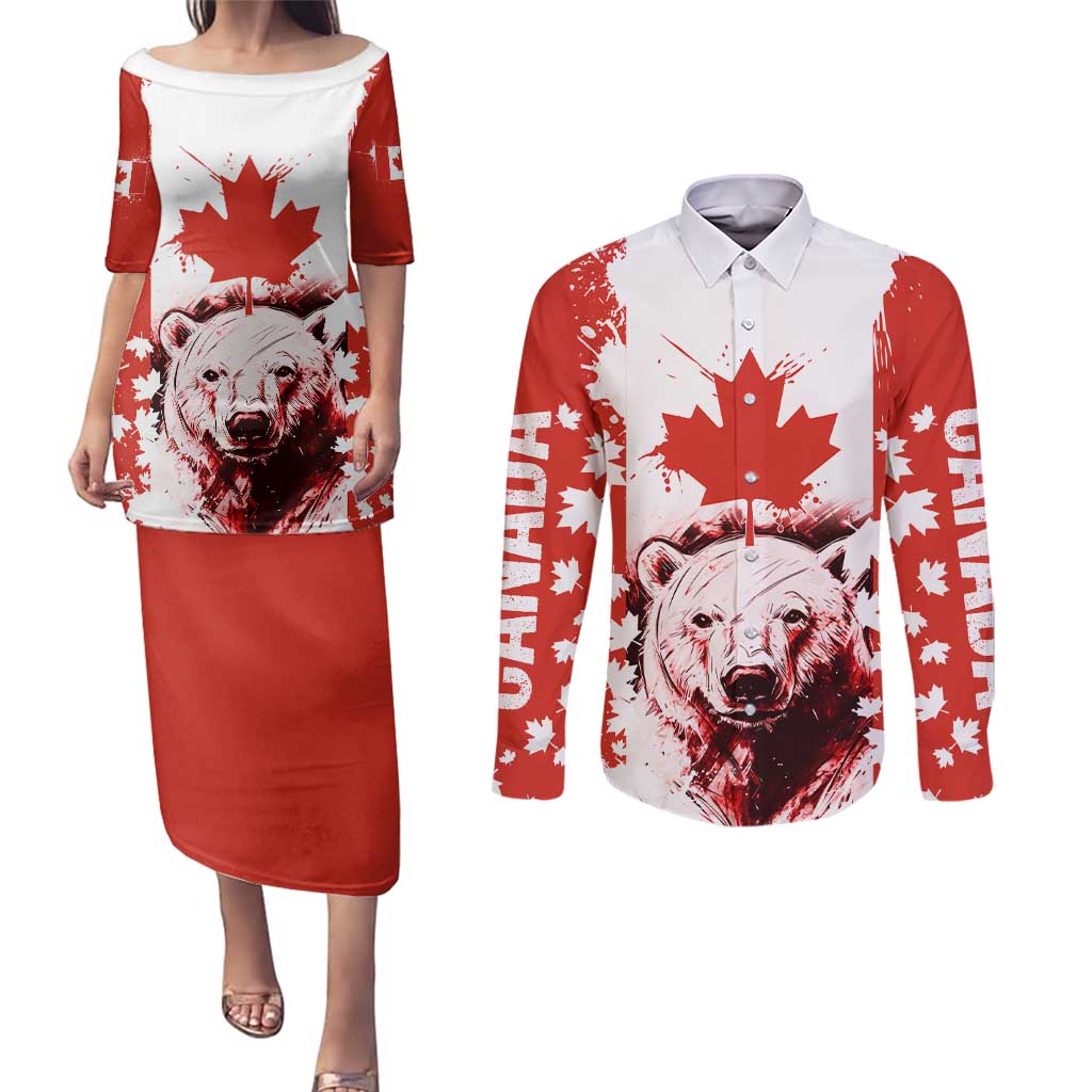Canada Bear Couples Matching Puletasi and Long Sleeve Button Shirt with Maple Leaf and Rocky Mountain Design