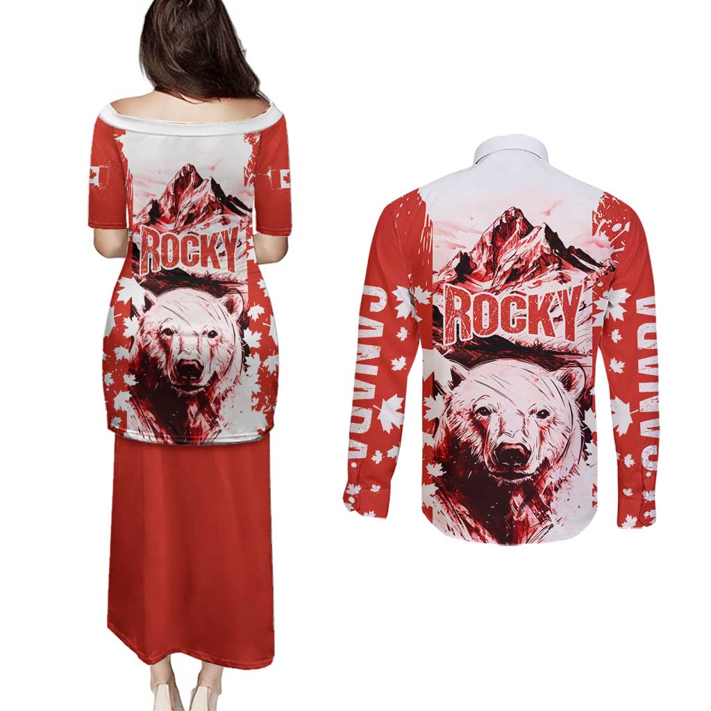 Canada Bear Couples Matching Puletasi and Long Sleeve Button Shirt with Maple Leaf and Rocky Mountain Design