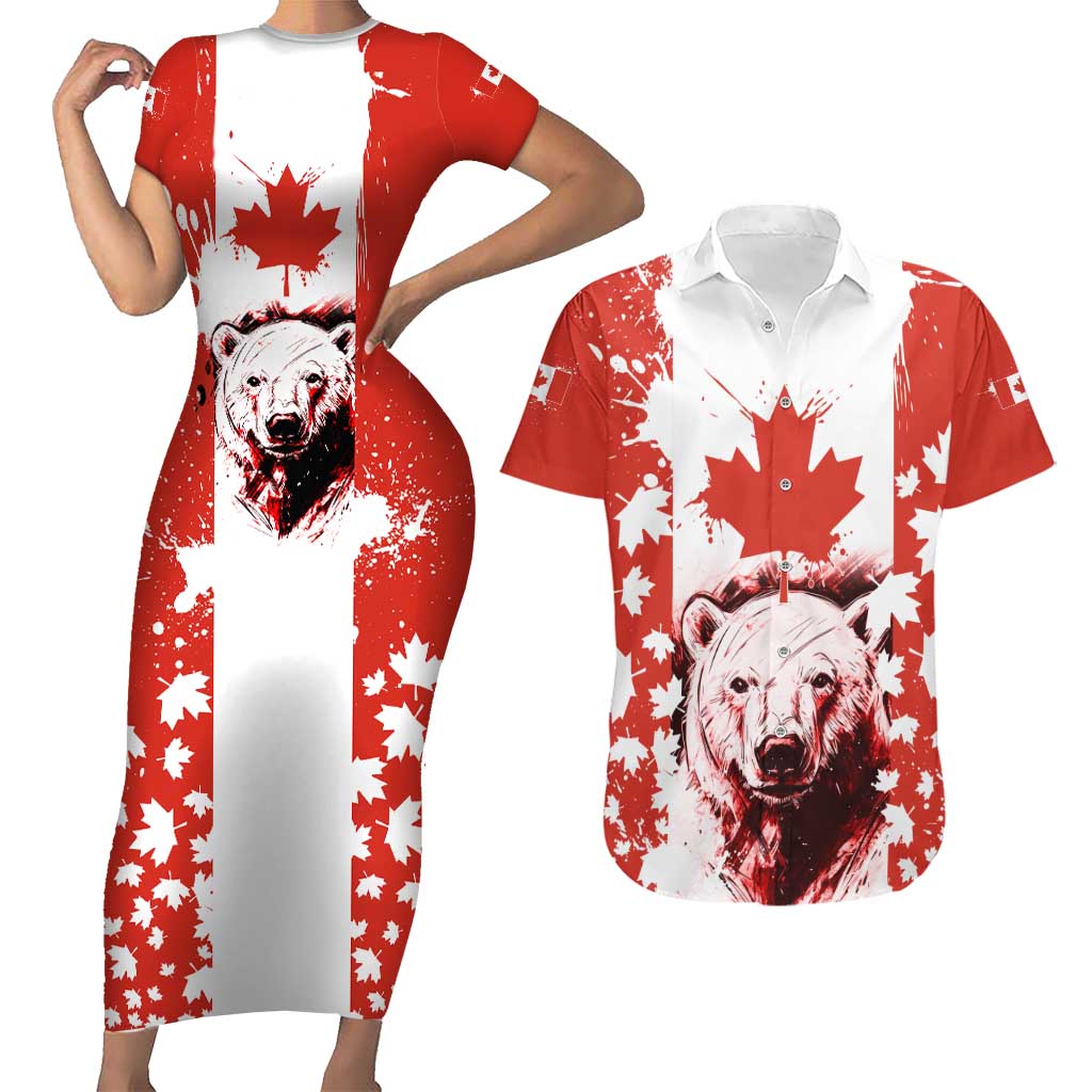 Canada Bear Couples Matching Short Sleeve Bodycon Dress and Hawaiian Shirt with Maple Leaf and Rocky Mountain Design
